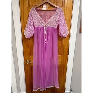 New Vintage Belle Smith Pink Lace Chiffon Peignoir Nightgown Robe Maxi Large